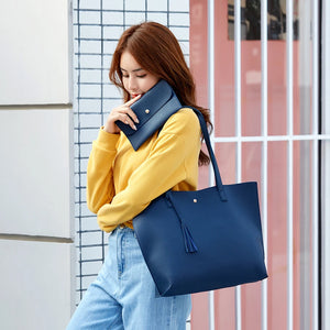 Tassel Shoulder Shopper Bag Casual Ladies Large Capacity PU Tote Handbags 2pcs