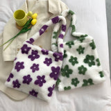 Flower Print Plush Shoulder Shopping Bag Autumn Winter Tote Handbag