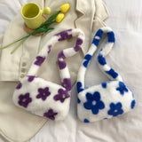 Flower Print Plush Shoulder Bag for Women Ladies Autumn Winter Small Purse