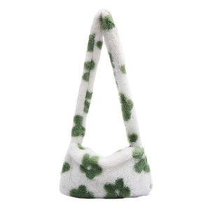 Flower Print Plush Shoulder Bag for Women Ladies Autumn Winter Small Purse
