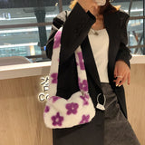 Flower Print Plush Shoulder Bag for Women Ladies Autumn Winter Small Purse