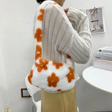 Flower Print Plush Shoulder Bag for Women Ladies Autumn Winter Small Purse