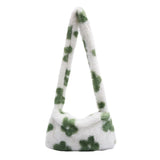 Flower Print Plush Shoulder Bag for Women Ladies Autumn Winter Small Purse