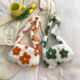 Flower Print Plush Shoulder Bag for Women Ladies Autumn Winter Small Purse