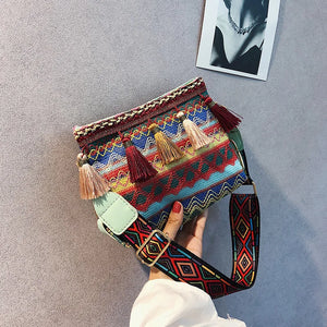 Ethnic Style Canvas Tassel Bucket Bag Crossbody Chain Bag