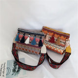 Ethnic Style Canvas Tassel Bucket Bag Crossbody Chain Bag