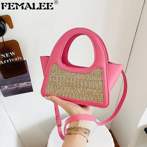 Women's Spliced Shoulder Bag Straw Handbag Rattan Trapeze Bag