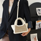 Women's Spliced Shoulder Bag Straw Handbag Rattan Trapeze Bag