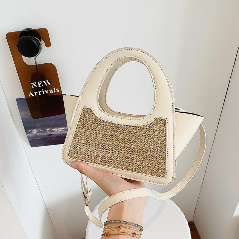 Women's Spliced Shoulder Bag Straw Handbag Rattan Trapeze Bag