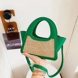 Women's Spliced Shoulder Bag Straw Handbag Rattan Trapeze Bag
