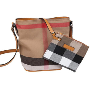 Canvas Bucket Handbag Plaid Messenger Bag Women Shoulder Bags