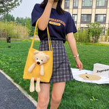 Canvas Bear Crossbody Tote Handbag Zipper Shoulder Bag for Women