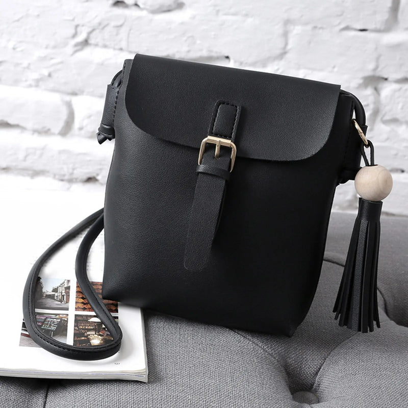 Solid Leather Tassel Shoulder Bag for Women