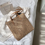 Women's Straw Hollow Beach Shoulder Bag Hand-Woven Tote Handbags