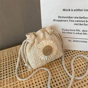 Women's Beach Straw Bag Sunflower Drawstring Bucket Crossbody Shoulder