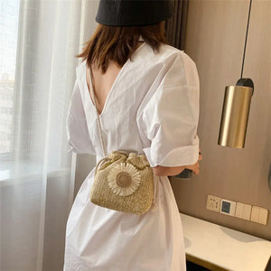 Women's Straw Beach Bucket Crossbody Shoulder Bag Sunflower Drawstring