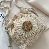 Women's Beach Straw Bag Sunflower Drawstring Bucket Crossbody Shoulder