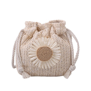 Women's Sunflower Drawstring Straw Beach Bag