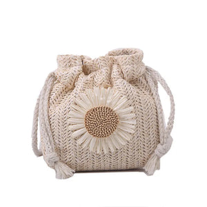 Women's Straw Beach Bucket Crossbody Shoulder Bag Sunflower Drawstring