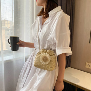 Women's Beach Straw Bag Sunflower Drawstring Bucket Crossbody Shoulder