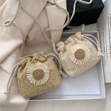 Women's Sunflower Drawstring Straw Beach Bag