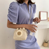Women's Straw Beach Bucket Crossbody Shoulder Bag Sunflower Drawstring