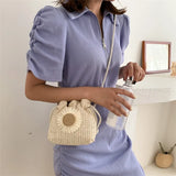 Sunflower Drawstring Straw Crossbody Shoulder Bag