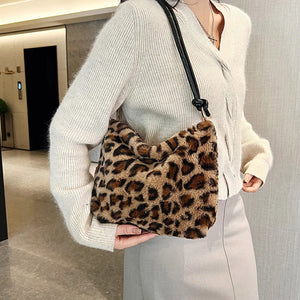 Faux Fur Animal Print Shopper Purse Handbag