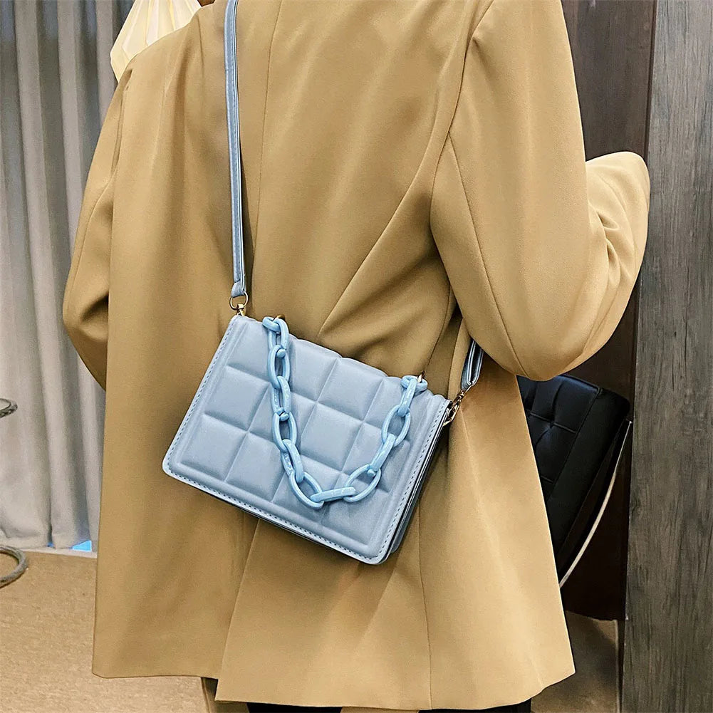 Vintage Checker Shoulder Bag Thick Chain Small Square Purse Handbag
