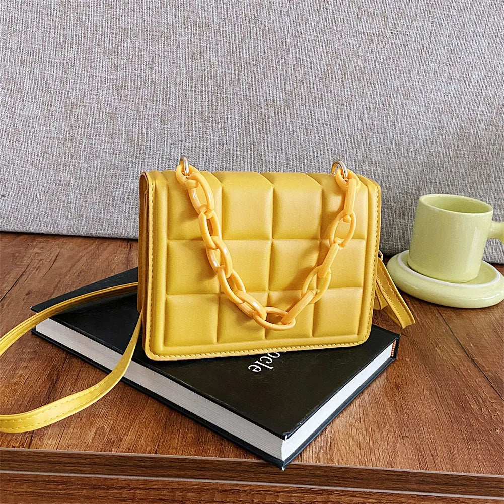 Vintage Checker Shoulder Bag Thick Chain Small Square Purse Handbag