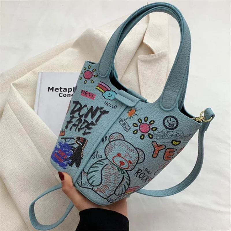 Graffiti Bucket Bag Crossbody Handbag Tote Messenger Bag
