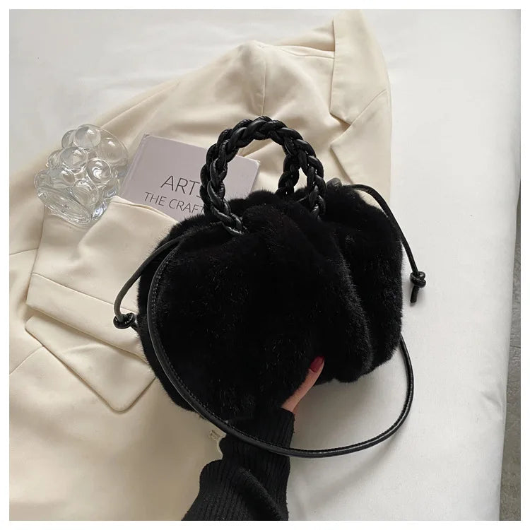 Women's Fluffy Tote Bag with Woven Handle