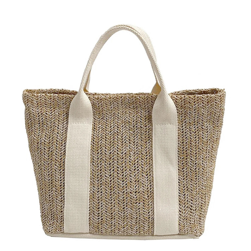 Women's Patchwork Straw Woven Beach Bag for Vacation
