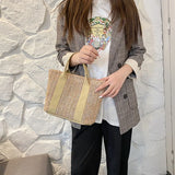 Women's Patchwork Straw Woven Beach Bag for Vacation