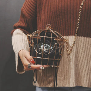 Women's Birdcage Evening Bag Clutch Metal Frame Embroidery Bucket Bird Cage Mini