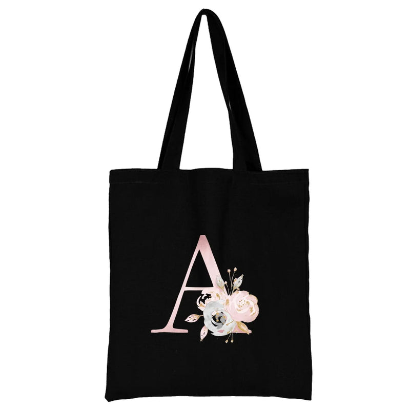 Pink Flower Letter Pattern Canvas Shoulder Bag