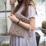 Bohemian Style Straw Woven Clutches Bags with Tassel Causal Handbag
