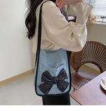 Women's Bow Canvas Shopper Bag French Bow Denim Shoulder Bag Large Capacity