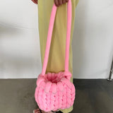 Women's Bucket Bag Coarse Line Hand Woven Messenger Casual Shoulder Soft Handbag