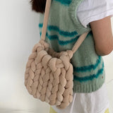 Women's Bucket Bag Coarse Line Hand Woven Messenger Casual Shoulder Soft Handbag