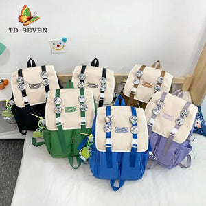 Women's Canvas Backpack Student Bag Large Capacity Contrast Bag