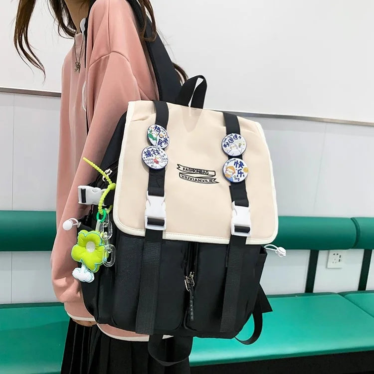 Women's Canvas Backpack Student Bag Large Capacity Contrast Bag