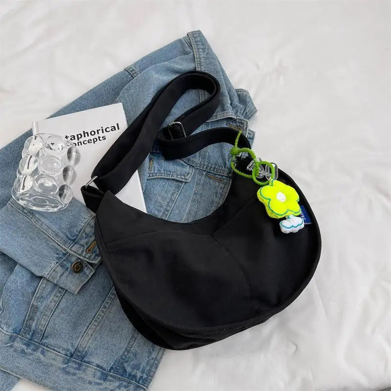 Women's Canvas Crossbody Bag Solid Single Shoulder Student Half Moon Bag Purse