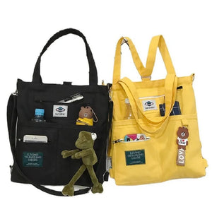Women's Canvas School Bag With Frog Pendant Girls Handbag