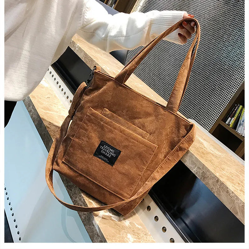 Women's Canvas Shoulder Bag Corduroy Crossbody Handbag Large Capacity