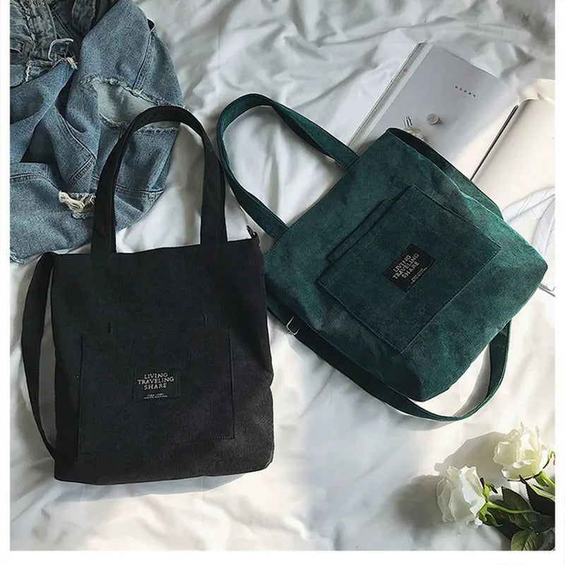 Women's Canvas Shoulder Bag Corduroy Crossbody Handbag Large Capacity
