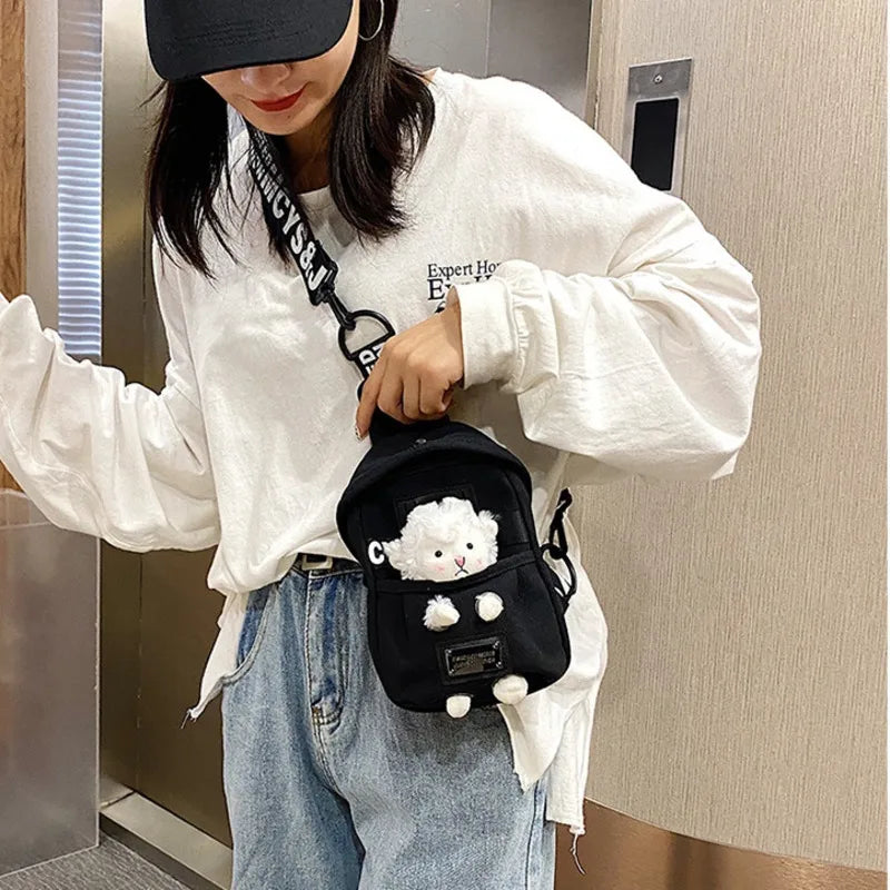 Women's Canvas Shoulder Bag Zipper Carton Crossbody Phone Purse Chest Bag