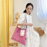 Women's Canvas Shoulder Bag Large Capacity Tote with Cartoon Pendant