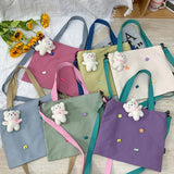 Women's Canvas Shoulder Bag Large Capacity Tote with Cartoon Pendant
