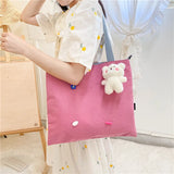 Women's Canvas Shoulder Bag Large Capacity Tote with Cartoon Pendant